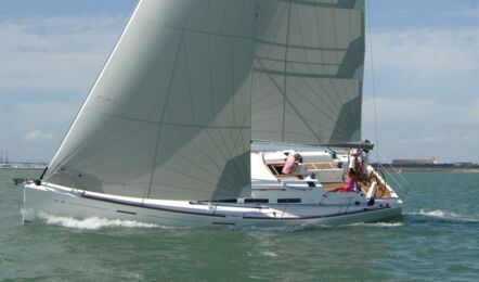 Backbordaufnahme unter Segel mit Schräglage einer Dufour 40e Performance in Heiligenhafen