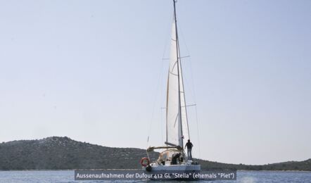 Heckaufnahme der Dufour 412 GL Stella (ehemals Piet) in Pula in Kroatien